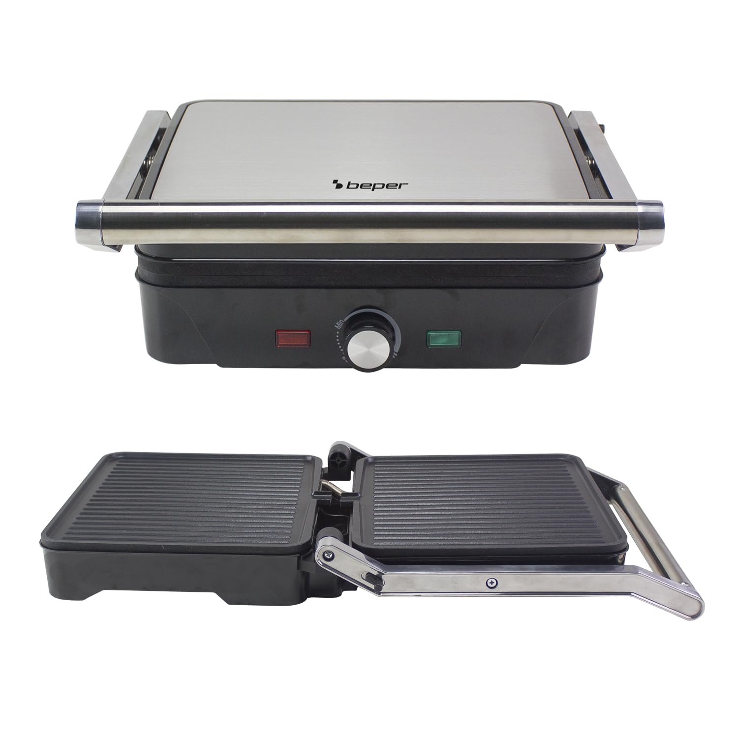 BEPER P101TOS503 Griglia Elettrica Multifunzione GRAND GRILL 3 in 1 – Bistecchiera, Piastra Panini e Griglia Barbecue – Piastre 28x25 cm, Apertura 180°, Termostato Regolabile – 2000W