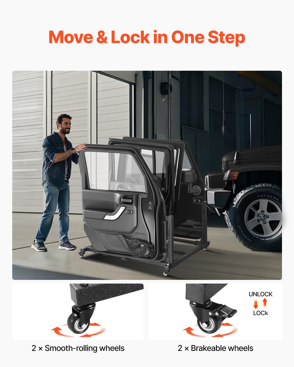 VEVOR Jeep-Türen-Aufbewahrungswagen (geeignet für 4 Türen) beweglich, stabiler Autotür-Halterungswagen, passend für Jeep Wrangler JK JKU JL Gladiator 2007-2024 Schwarz