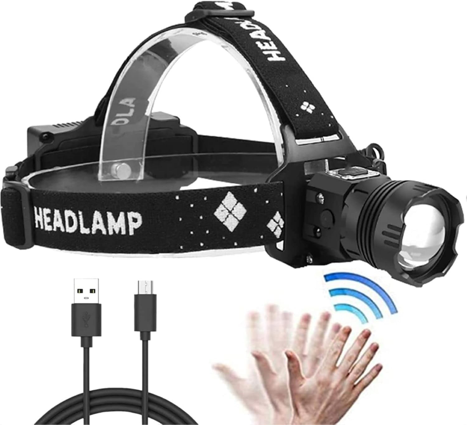 Lampe frontale LED ultra lumineuse rechargeable par USB avec projecteur de recherche étanche XHP99 haute performance, 200 000 lumens, zoom à 3 niveaux et détecteur de mouvement, idéale pour le camping