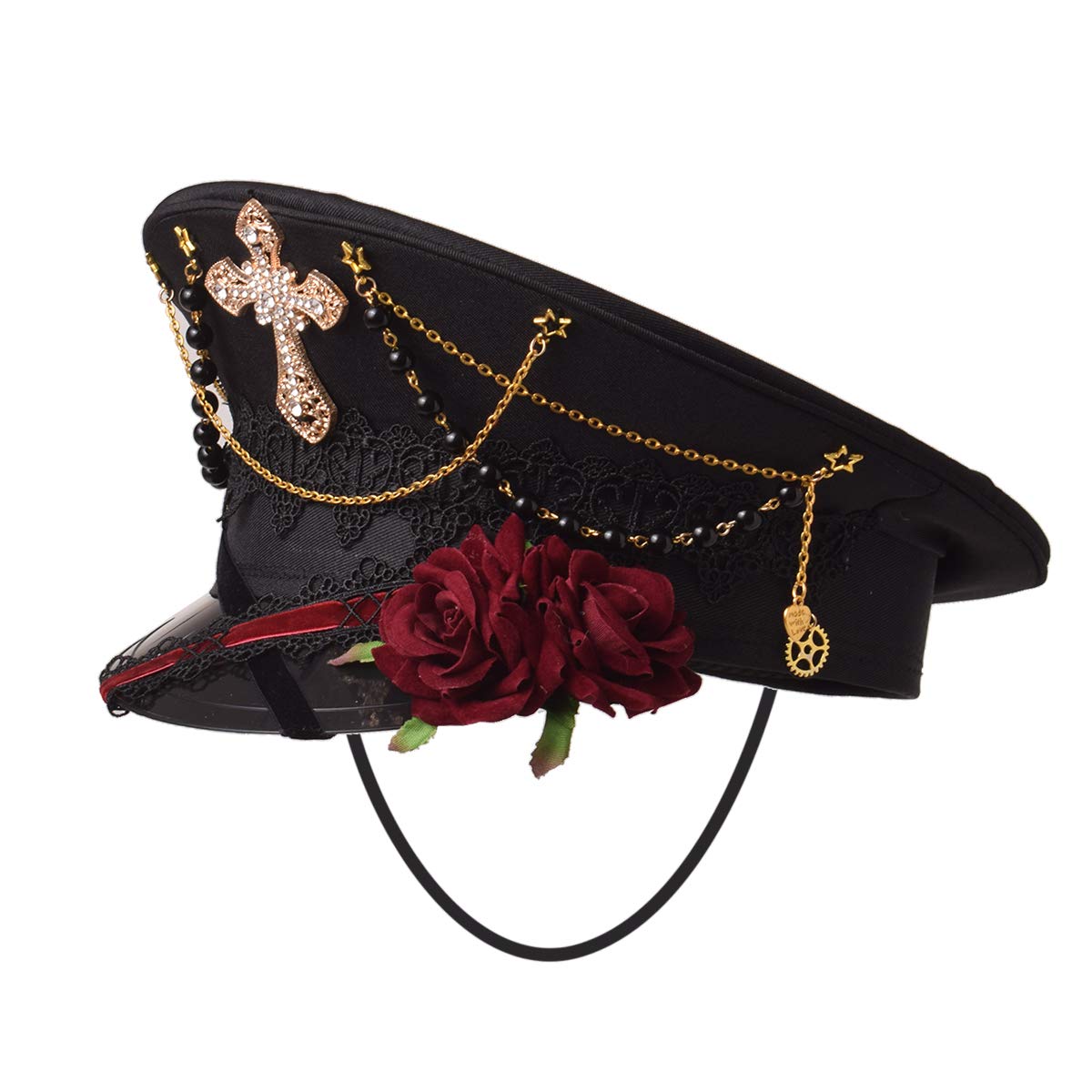 GRACEART Unisex Steampunk Gay Pride Military Captain Hat Lolita Caps (Cross Badge with red Rose)