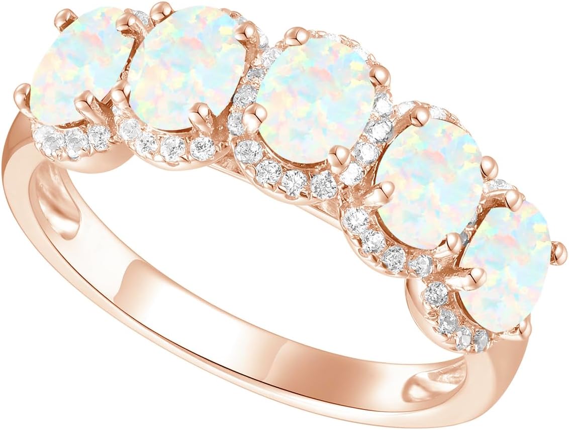 5-Stone Gemstone Ring with Lab-Created White Sapphires, 14K Rose Gold-plated Sterling Silver/14K Gold-plated Sterling Silver/Sterling Silver, Oval Stones (5x4 mm stone)