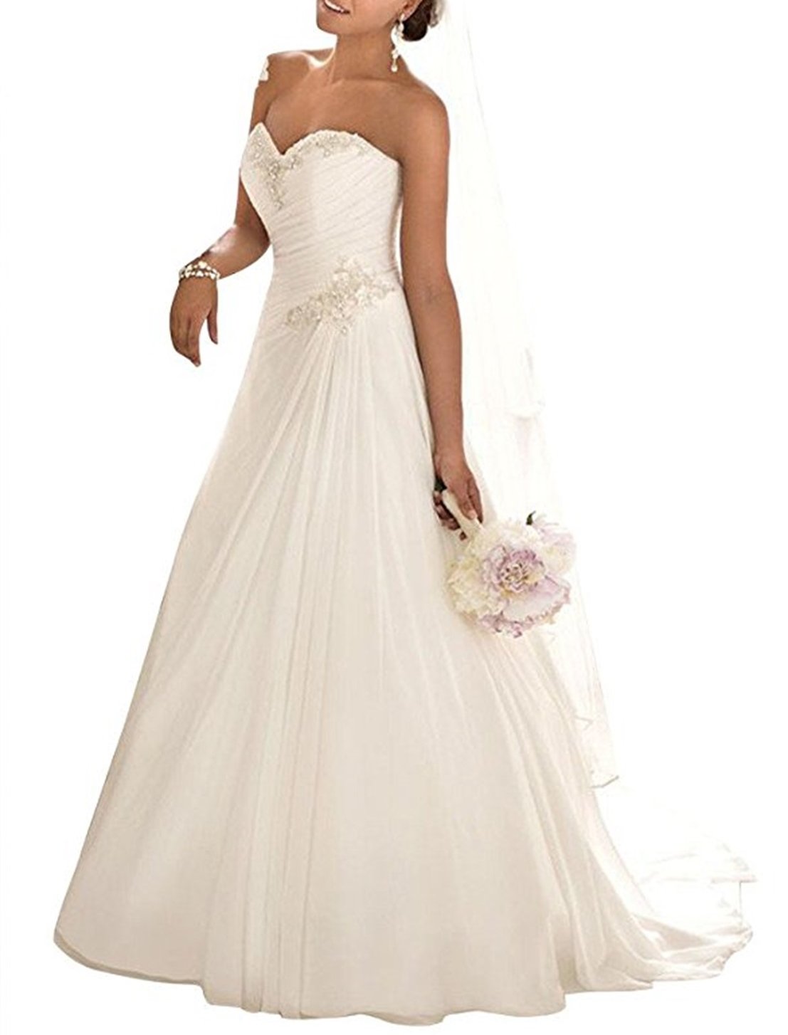 ANJURUISI Women's Sweetheart Applique Beaded Bride Gown Sexy Chiffon Beach Wedding Dress White-UK22 Plus