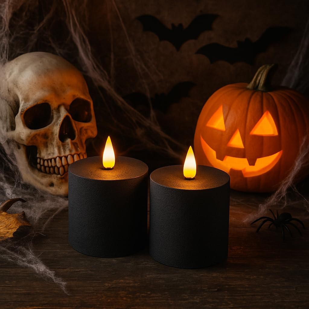 smtyle 3"x3" Black Flameless Flickering Candles with Remote Timer - Battery Operated Plastic Texture Pillar LED Candles Set of 2 for Gothic Home Decorations (Pack of 2) image 4