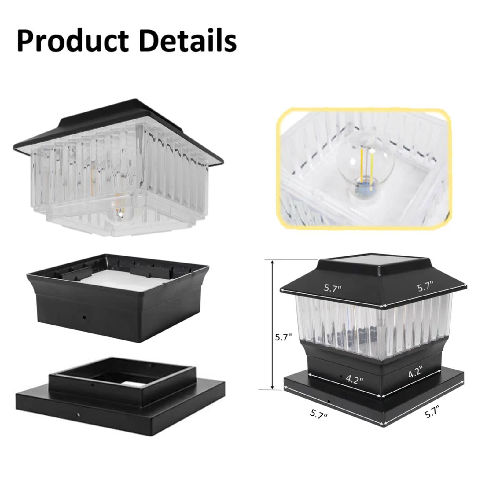 50 Lumen Solar-Pfosten-Leuchten passend für 10x10 cm Vinylpfosten, 15x15 cm Holzpfosten, LED-Farbe wählbar, 3000 K/4000 K/6000 K, hohe Helligkeit, LED-Glühfaden, wasserdicht, schwarz, 1 Stück