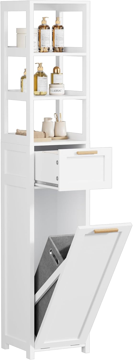 VECELO Tall Bathroom Cabinet with Removable Laundry Hamper, Tilt Out Laundry Hamper Organizer with 1 Drawer & 3 Open Shelves for Laundry Room, Bathroom, White