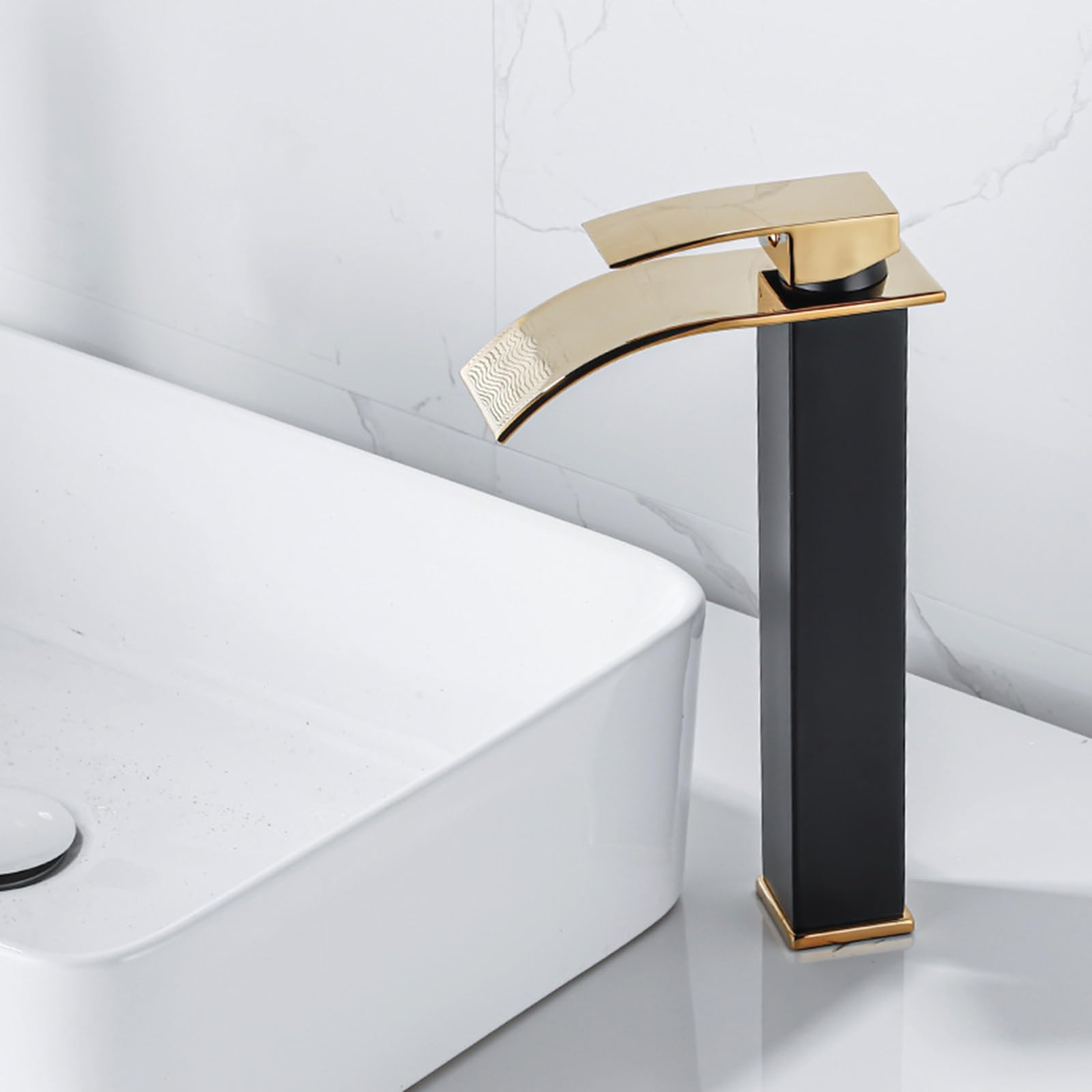 Wasserhahn Bad Hoch Wasserfall Warm Und Kalt-Einhebel-Waschtischarmatur Edelstahl Armatur Aufsatzwaschbecken,schwarz+gold