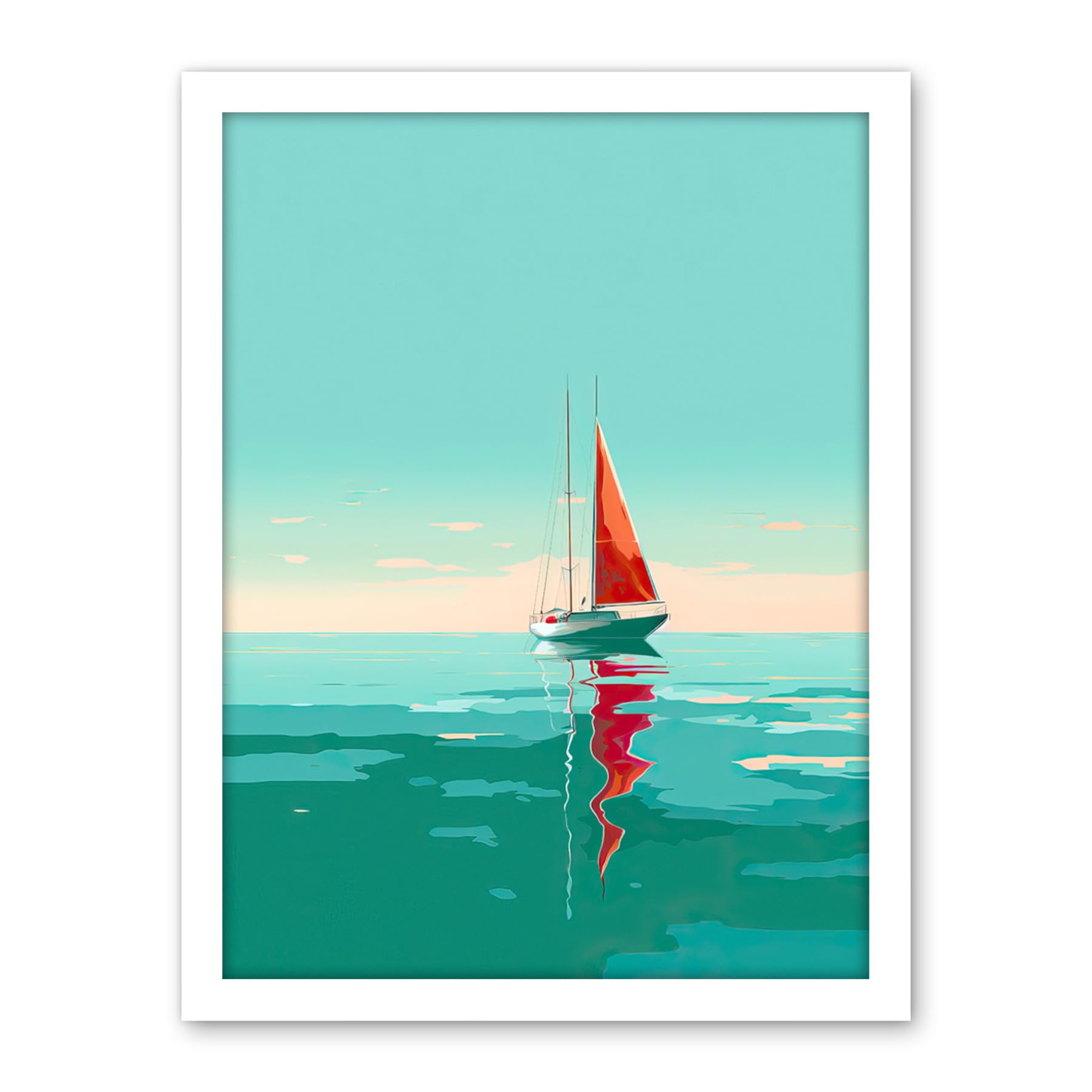 Artery8 A Sailboat with a Red Sail Sailing on a Calm Sea Artwork Framed Wall Art Print 18X24 Inch