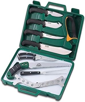 Outdoor Edge Game Processor, PR-1, Complete 12-Piece Hunting Knife Kit for Processing Big Game, Full Tang 420J2 Stainless Razor Sharp Blades, TPR Non-Slip Handles, Sturdy Hide-Side Storage Case