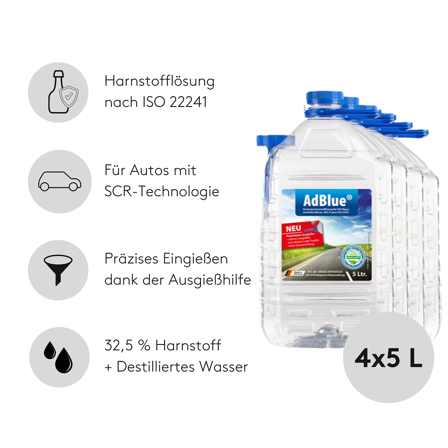 VENTON AdBlue® Harnstoff-Lösung 4×5L Kanister I Hochreines Diesel-Additiv für SCR-Abgasnachbehandlung inkl. praktischem Ausgießer I Ausstoßreduzierung von Stickoxiden I Ad Blue für Diesel