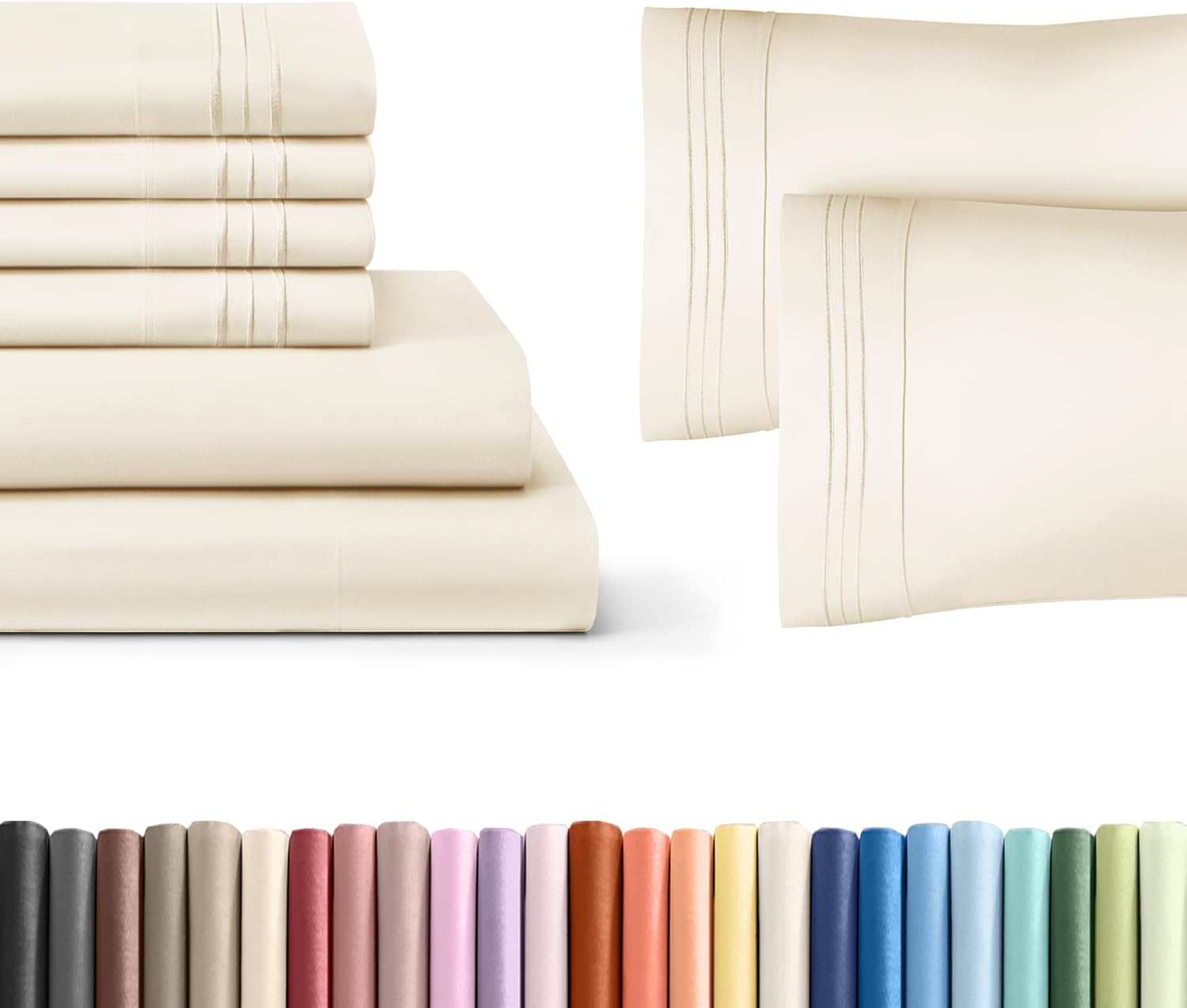 6 Piece Off White Queen Size Bed Sheet Set + 2 Extra Pillowcases Bundle – 8” to 16” Deep Pockets – Flat Sheet 90 x 102, Fitted Sheet 60 x 80 and 6 Pillowcases 20 x 30 – Oeko-TEX Queen Size Sheet Set