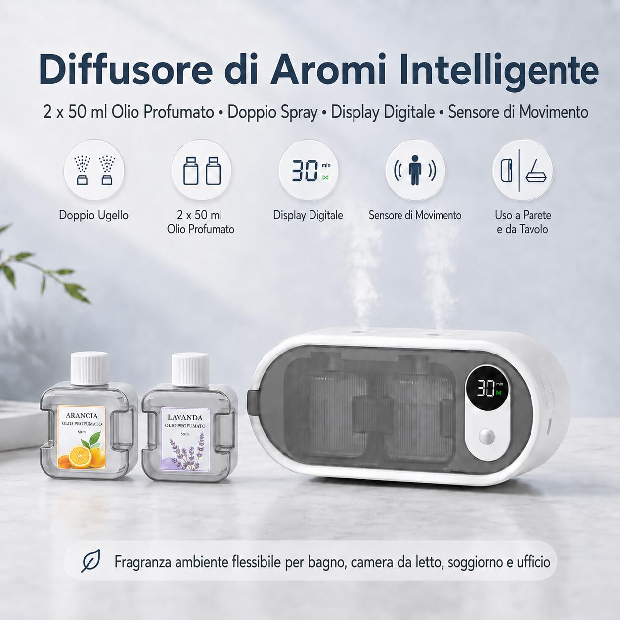 Diffusore di Oli Essenziali 100ml con Ugelli Doppi, Sensore di Movimento, Timer da Tavolo o Parete