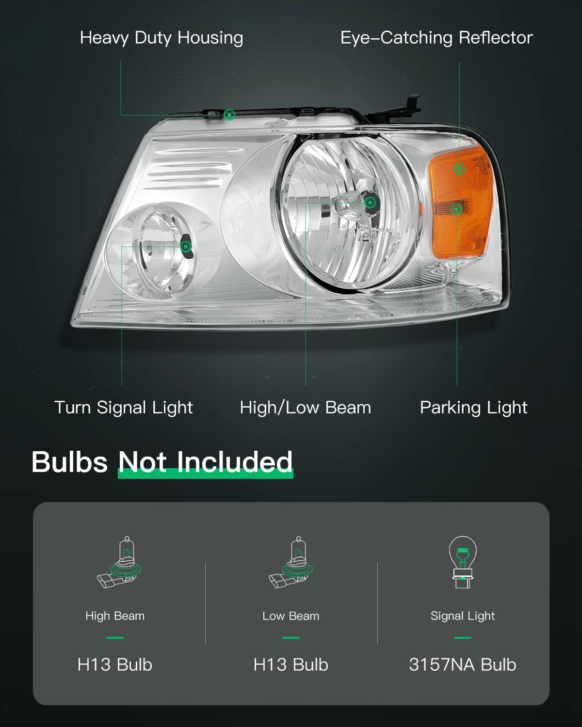 LSAILON Headlight Assembly Replacement Fit For Ford For F-150 2004-2008 For Lincoln Mark LT 2006-2008 Chrome Housing Amber Reflector Clear Lens Driver and Passenger Side FO2502201