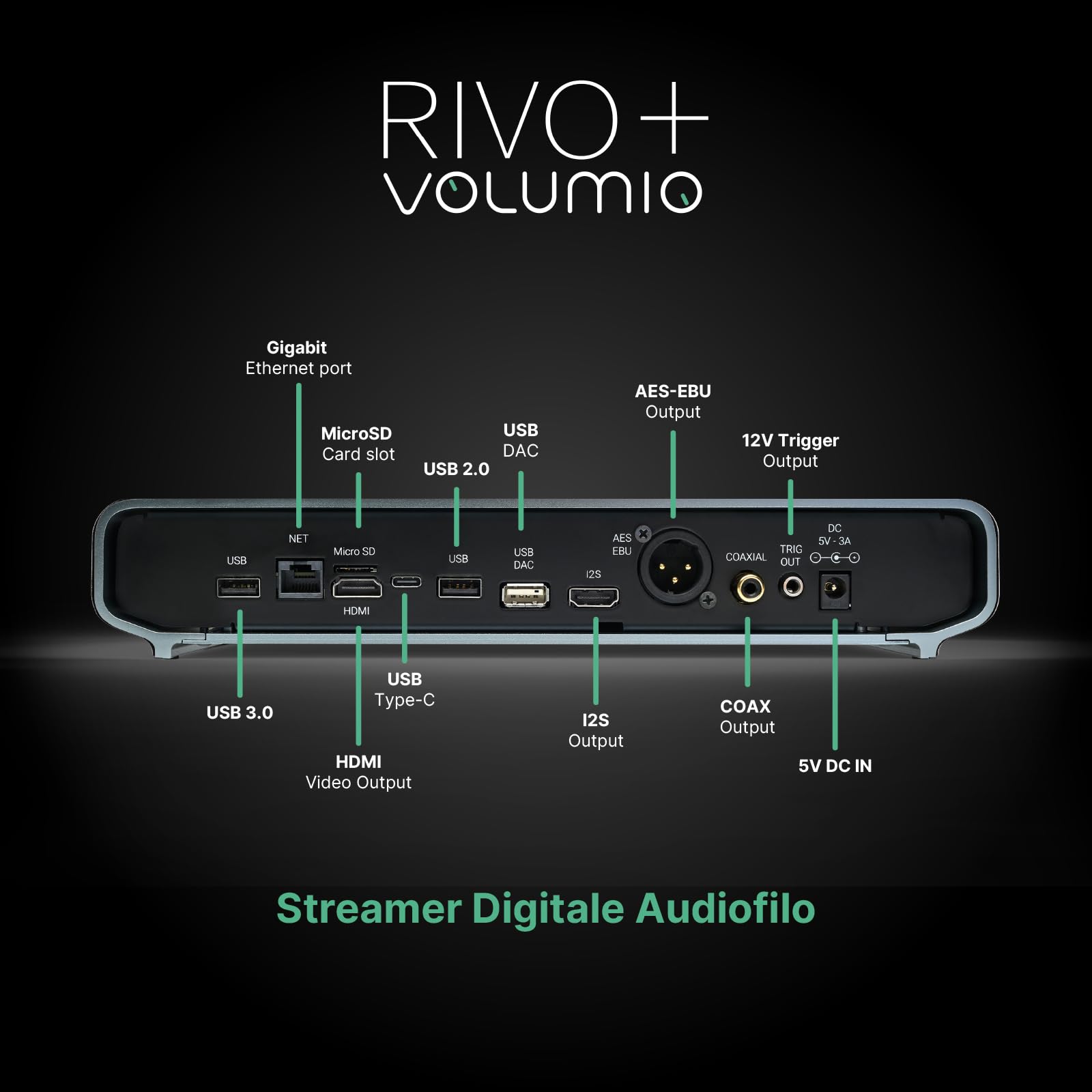 Volumio Rivo Plus Streamer Digitale Audiofilo, Lettore Audio Digitale per DAC Esterno, DSD256, PCM 768 kHz/32 bit, Supporto AirPlay, Bluetooth 5.0, con App Dedicata