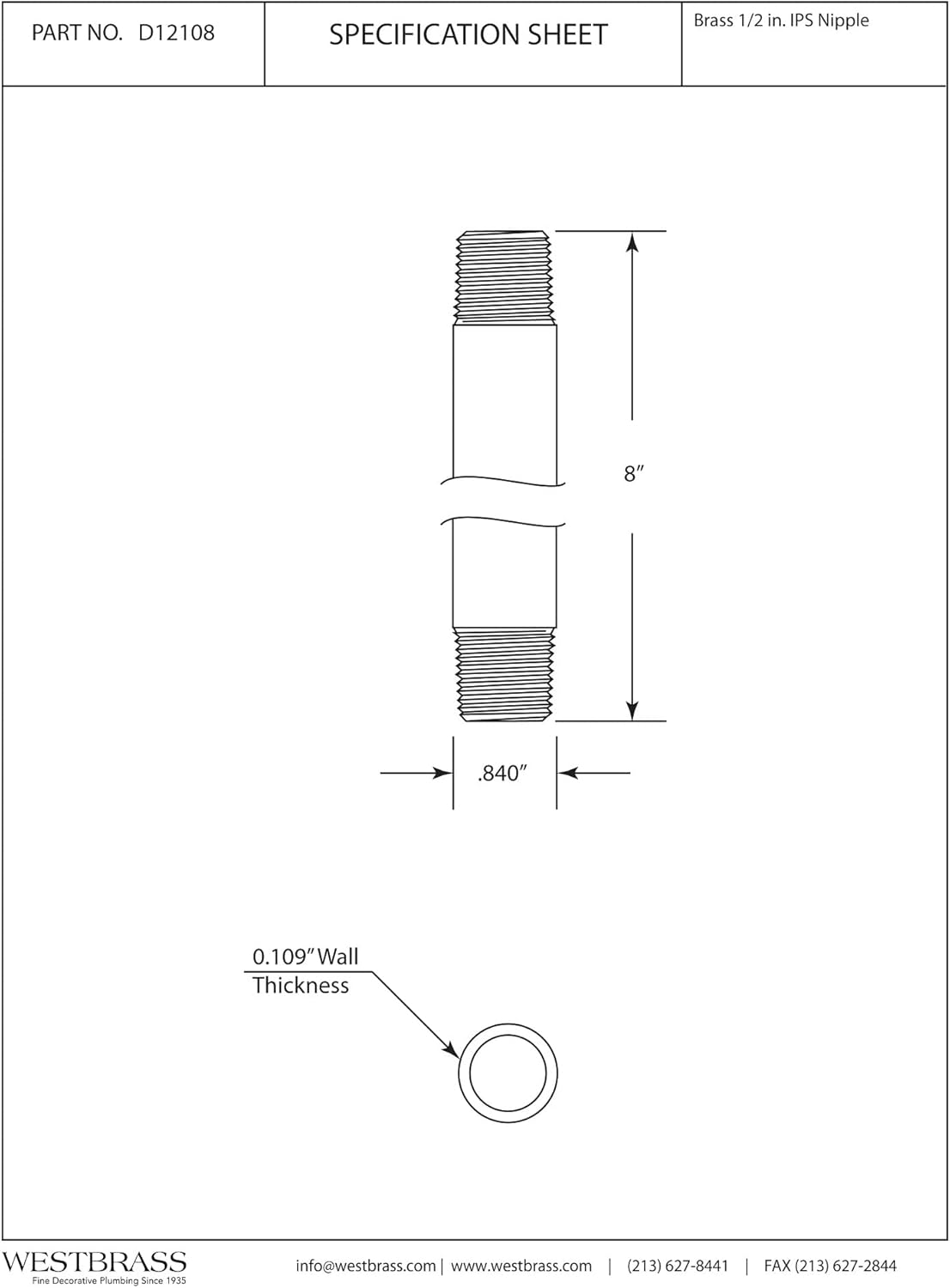 Westbrass D12108-07 ½” x 8" IPS Brass Pipe Nipple, Satin Nickel