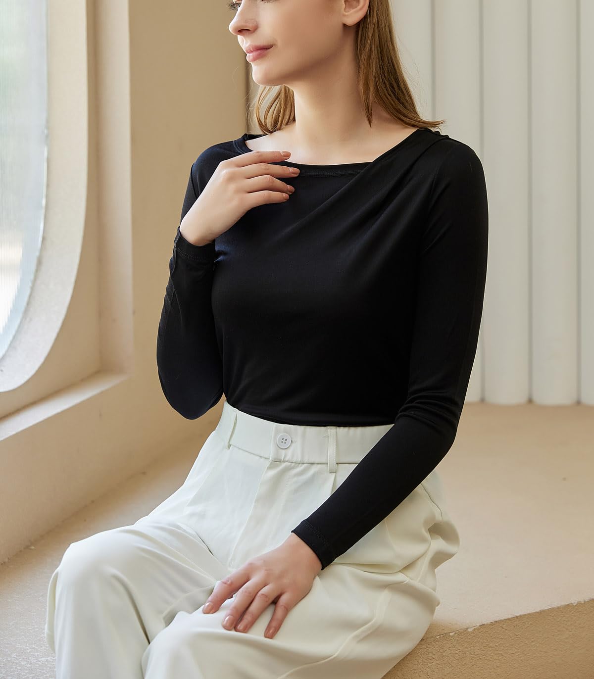 Camiseta de seda de manga larga para mujer, camiseta de seda pura, transpirable, térmica, ultra suave