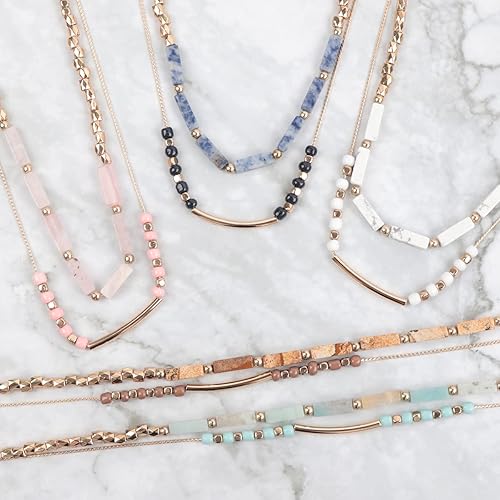 Miniatura 4 de RIAH FASHION Collar bohemio con cuentas de madera natural auténtica, con varias capas, envoltura de cristal brillante, cadena larga, gargantilla