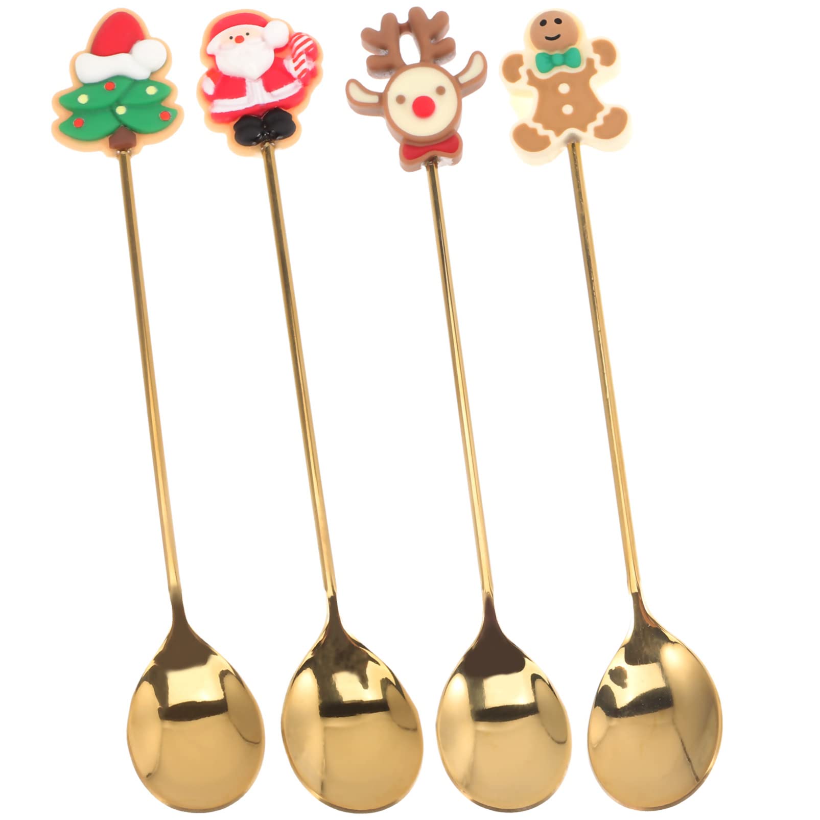 4pcs Christmas Coffee Spoon Set Ice Cream Soup Stainless Steel Stirring Spoon Sugar Dessert Teaspoons Mixing Stirrer Kitchen Tableware Soup Spoon for Xmas Party Table Decorations Gold