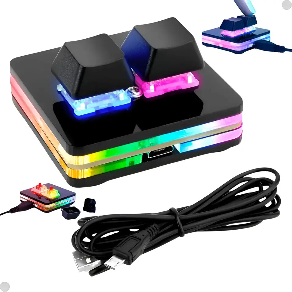Mini Teclado Gamer Mecânico RGB 2 Teclas Programáveis com Switch Red | Iluminação Personalizável | Plug & Play USB | Alta Precisão e Agilidade Para Jogos, Macros e Produtividade – Preto ABNT2