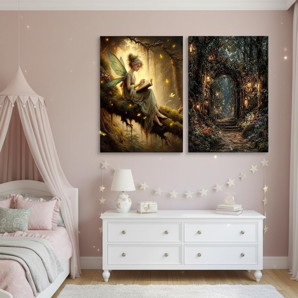 2Pcs Vintage Forest Fairy Canvas Wall Art Sitting On Branch Reading A Book Enchanted Fairy Portal Forest Pictures Wall Decor Posters Prints Girly Aesthetic for College Apartment Bedroom