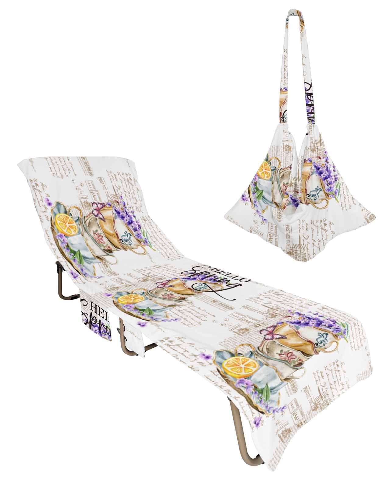 Hello Spring Beach Lounge Chair Towel Cover, Soft Chaise Lounge Towel with Side Pockets Patio Pool Chairs Cover for Beach/Pool Sunbathing 29x85 Purple Floral Botanical Coffee Cups