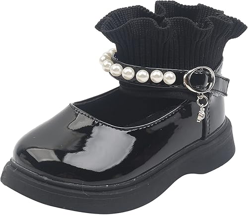 Cómodas botas de princesa para bebés zapatos de cuero elástico de lana para baile de bebé niñas y bebés zapatos de bebé con perlas negro 18-24 meses