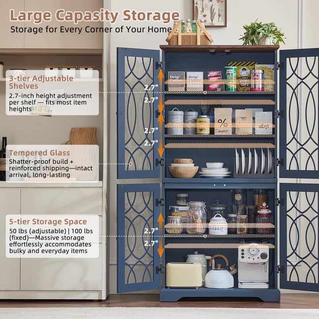 Image of Joaxswe 67 inch Tall Pantry Cabinet, Wood Kitchen Pantries Cabinets with Glass Doors & Adjustable Shelves, Freestanding Vintage Cupboard with Large Storage for Dining Room, Bathroom, Navy Blue