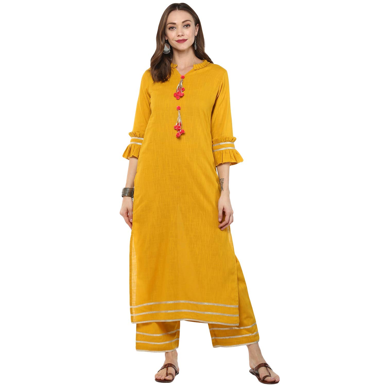 Idalia Mustard Solid Kurta With Palazzo Pants
