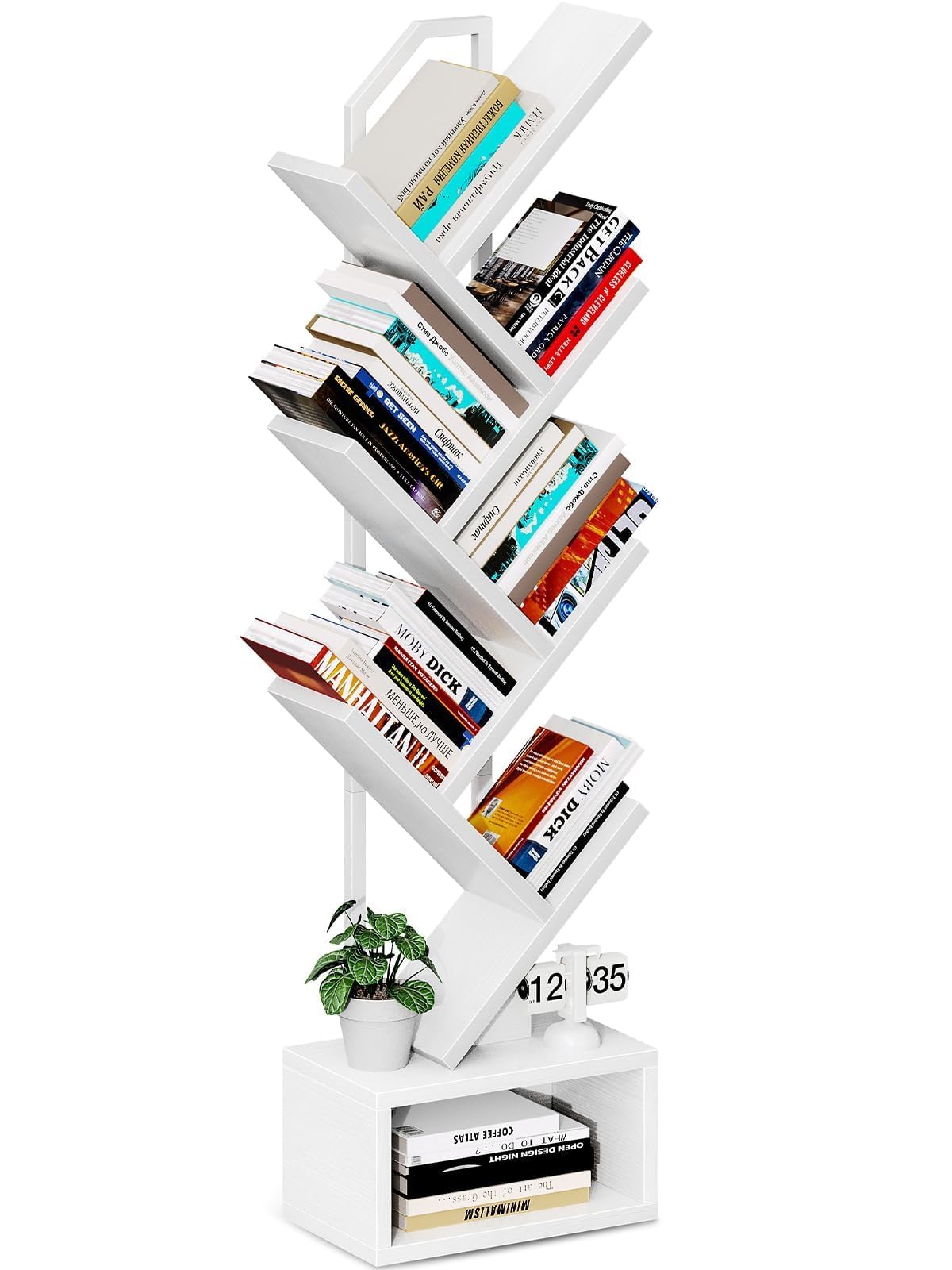 Coleshome Tree Bookshelf, 6-Tier Floor Standing Bookcase, Bookcases suitable for bedrooms and living rooms, Wooden bookshelves suitable for bedrooms and living rooms, White — image 1