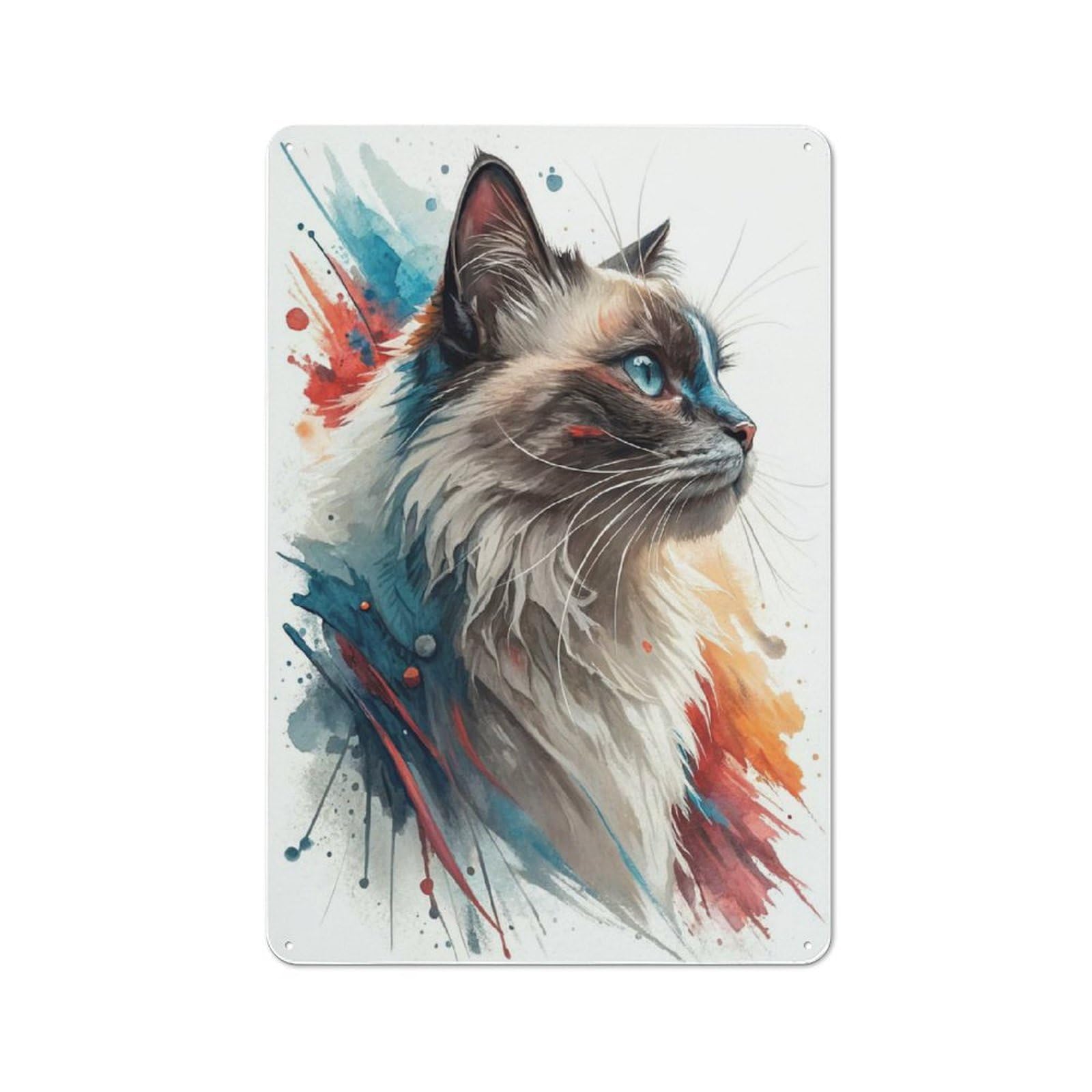 Junmoney Style-8 Tin Sign 30X20cm With Watercolor Cat Portrait With Blue Eyes For Garage Wall, Retro-Style Decor, For Room Styling Across Garages And Workshops