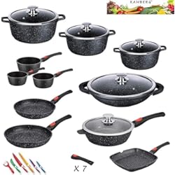Bateria De Cocina El Volcan Kamberg Batería de Cocina 27 Piezas, aluminio fundido, revestimiento piedra, todo tipo de fuentes de calor, incluida la inducción, mango extraíble, sin PFOA, negro