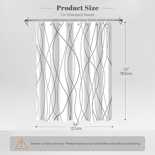 Vista 7 de Punkray Grey and White Striped Polyester Shower Curtain for Bathroom with 8 Hooks, Weighted Hem, Waterproof Bath Accessories Hotel Style, 54 x 72