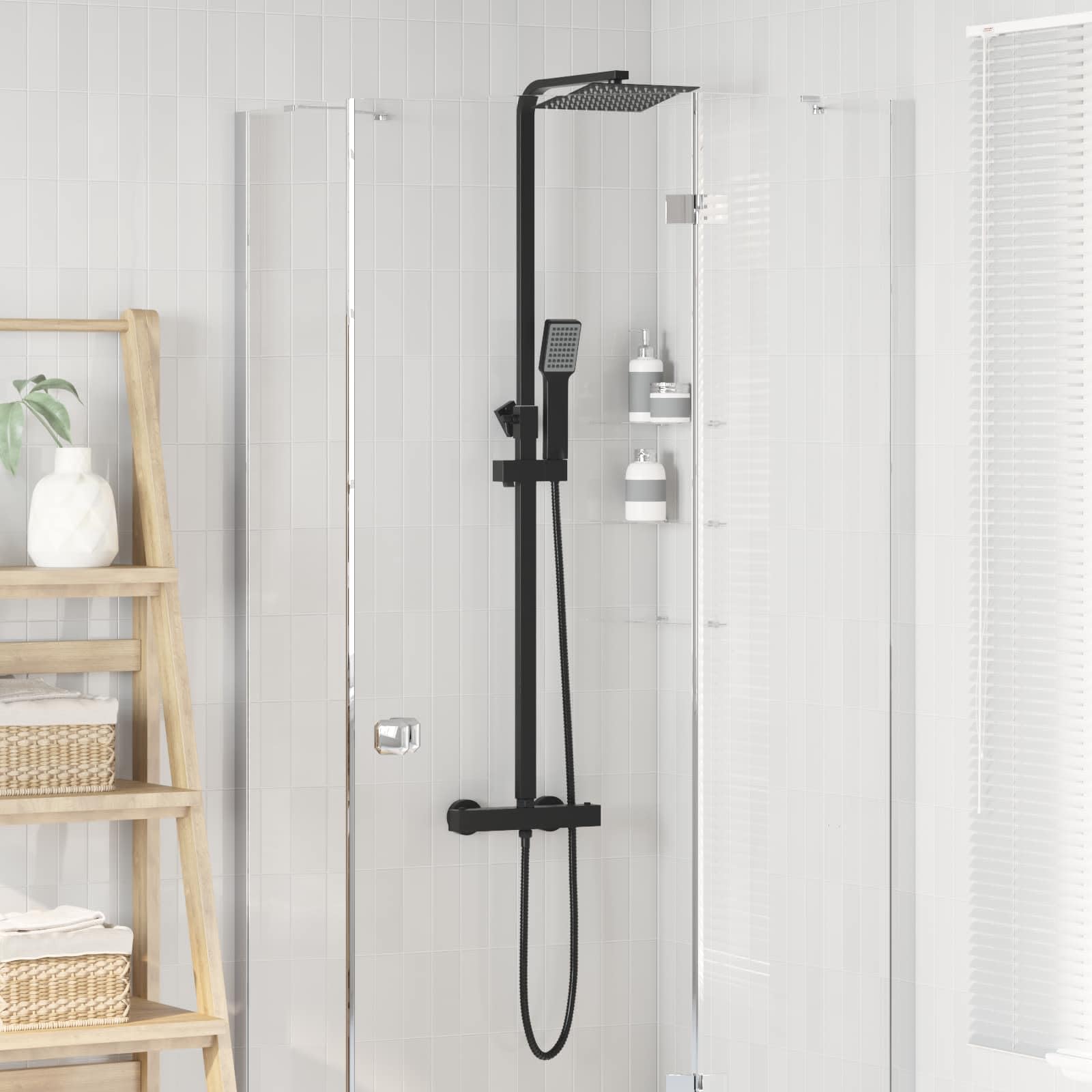 Thermostatisches Duschsystem Schwarz Quadratisch Edelstahl Duschset mit Thermostat Armatur 38 Grad Verbrühschutz Höhenverstellbare Duschstange Wandmontage