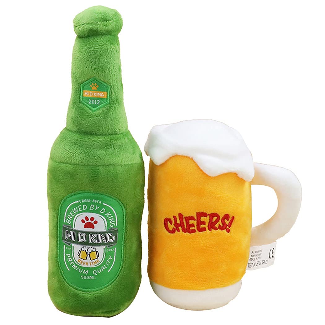 2 Stk. Hundespielzeug mit Quietscher, interaktive Plüschspielzeuge in Bierflaschen und Bierkrugform, kaubeständig für Welpen, für Spiel und Beschäftigung, aus Plüsch, 7 x 25 cm und 10 x 16 cm