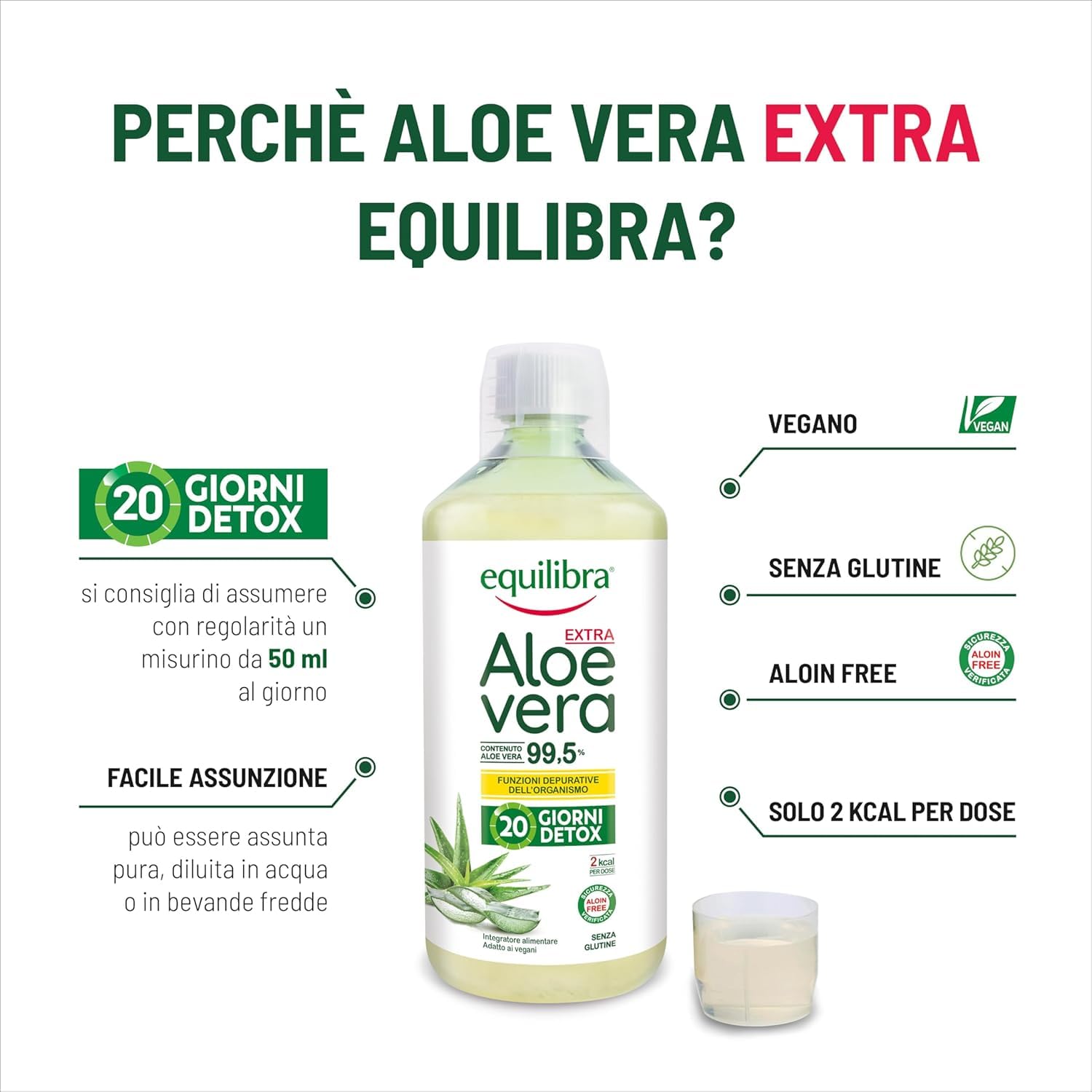 Equilibra Aloe Vera da Bere, 100% Pura Polpa di Aloe, 2x1000 ml per 40 Giorni, Azione Depurativa e Lenitiva, Senza Zuccheri, con Polisaccaridi, Da Bere Puro o Diluito in Acqua