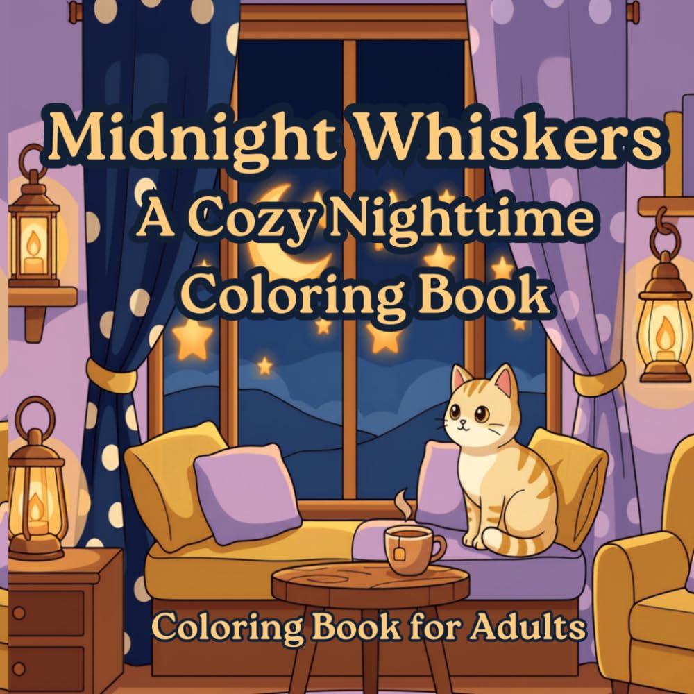 Midnight Whiskers: A Cozy Nighttime Coloring Book - Relaxing Moonlit Cottage Scenes with Dreamy Cats, Glowing Lanterns, and Starry Skies for Stress Relief (Cozy Moments Coloring Books)