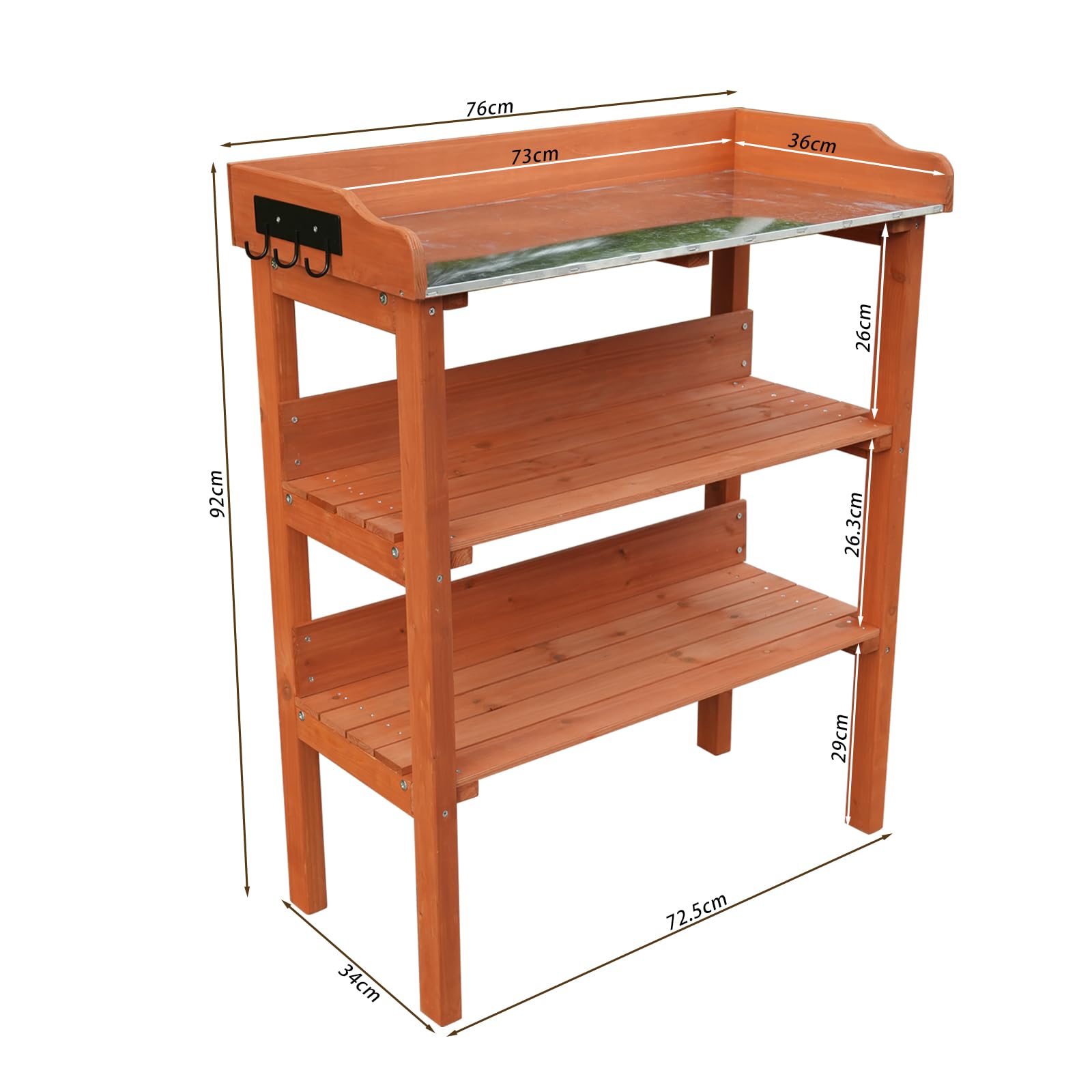 Pflanztisch aus Holz mit 3 Ablagen, Gartentisch mit Metallablage und Werkzeughaken, Orange