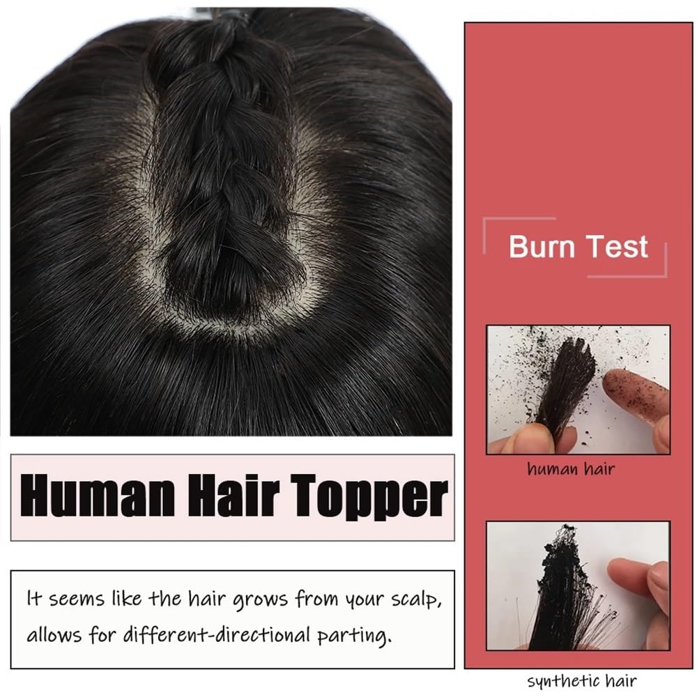 Topper for Frauen, Echthaar, 10 x 12 cm, Seidenbasis, 150 Dichte, Clip-In-Topper-Haarteile, Wiglet-Top-Stücke for mehr Volumen Haar Extensions(Black No Bangs,10inch)