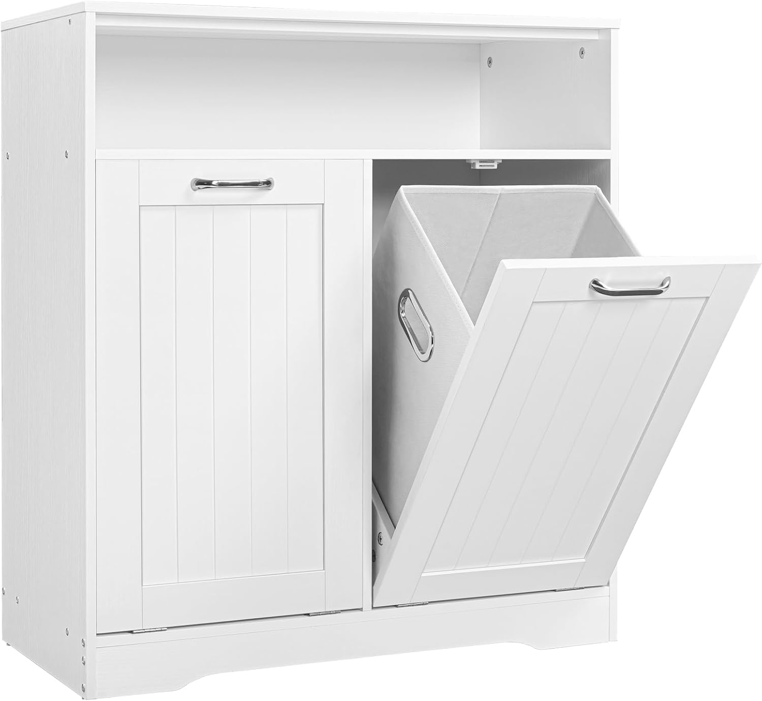 HOOBRO Laundry Cabinet, Tilt-Out Laundry Hamper, Pull Out Laundry Sorter with 2 Removable Basket and Open Shelving, Storage Cabinet for Laundry Room, Bathroom, Living Room, White WT80XY01