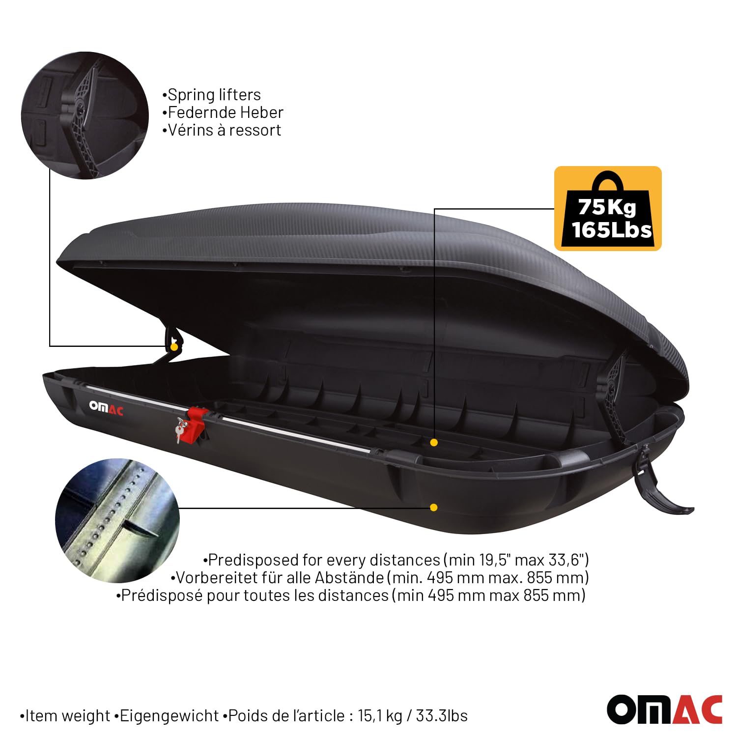 OMAC Coffre de Toit en Fibre de Carbone texturée homologué ABE (400 litres)