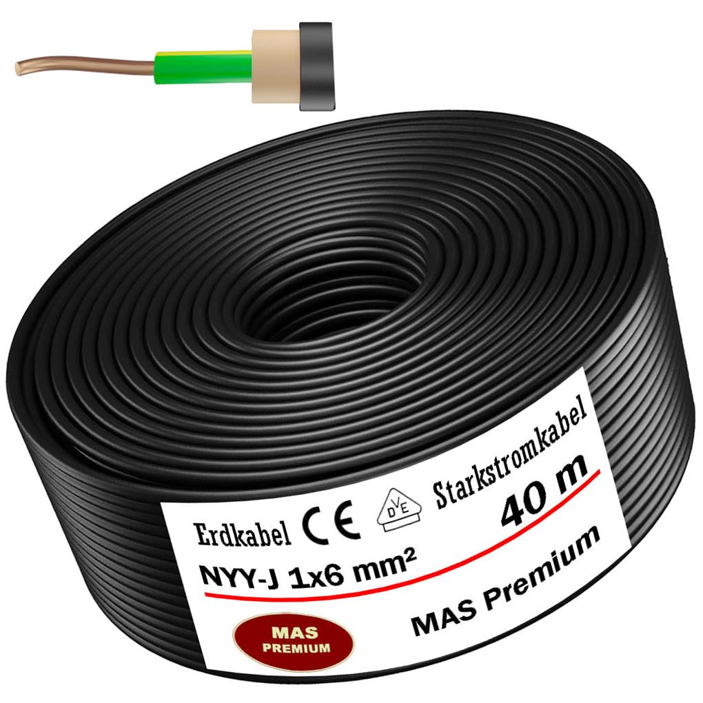 MAS Premium Cable subterráneo de 5-100 m, NYY-J 1 x 4, 6, 10, 16 o 25, cable eléctrico OFC para instalación al aire libre, tierra (NYY-J 1 x 6 mm², 40 m)