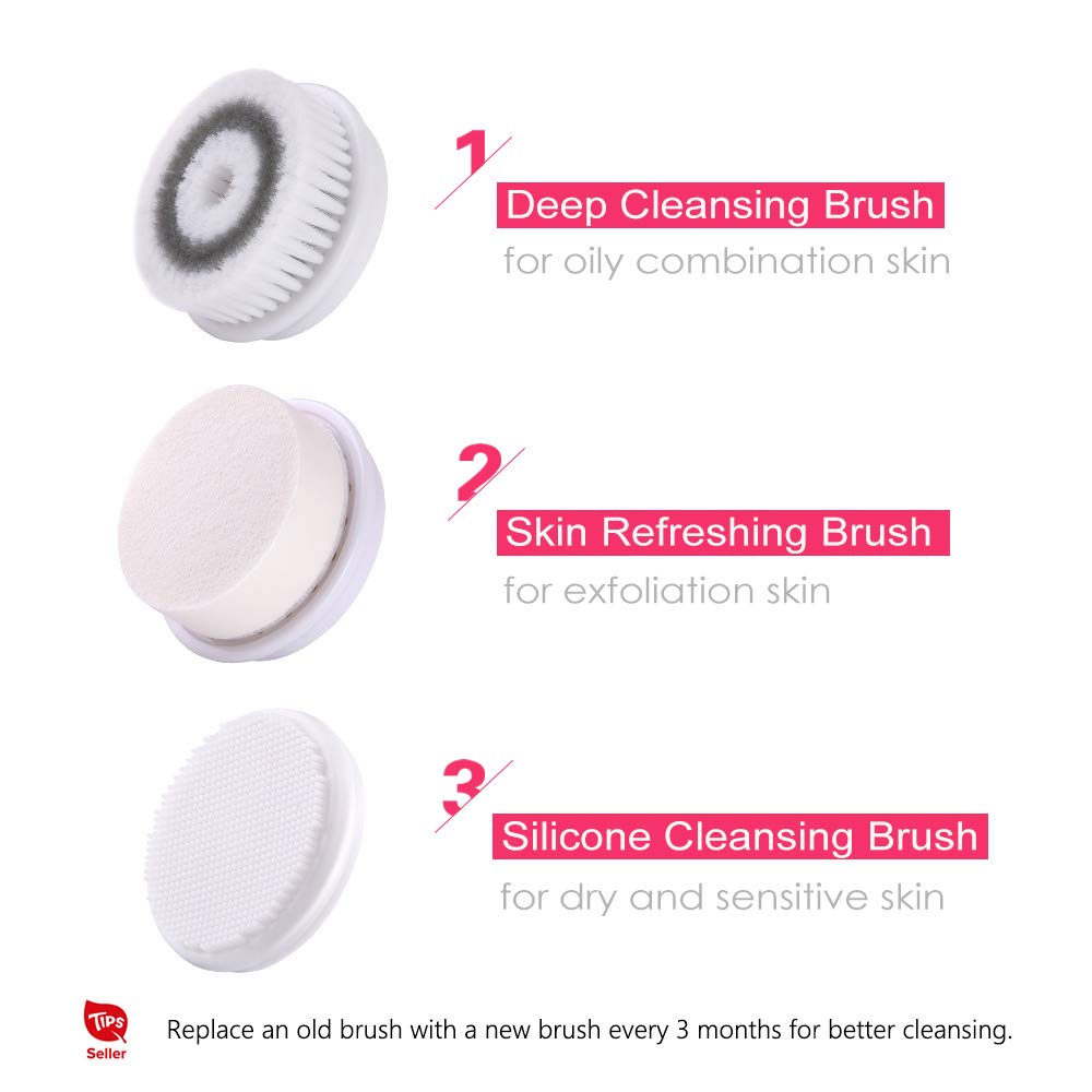 Facial Cleansing Brush Electric Facial Exfoliating Massage Brush with 3 Cleanser Heads and 2 Speeds Adjustable for Deep Cleaning, Removing Blackhead, Face Massaging TB-0759A Pink