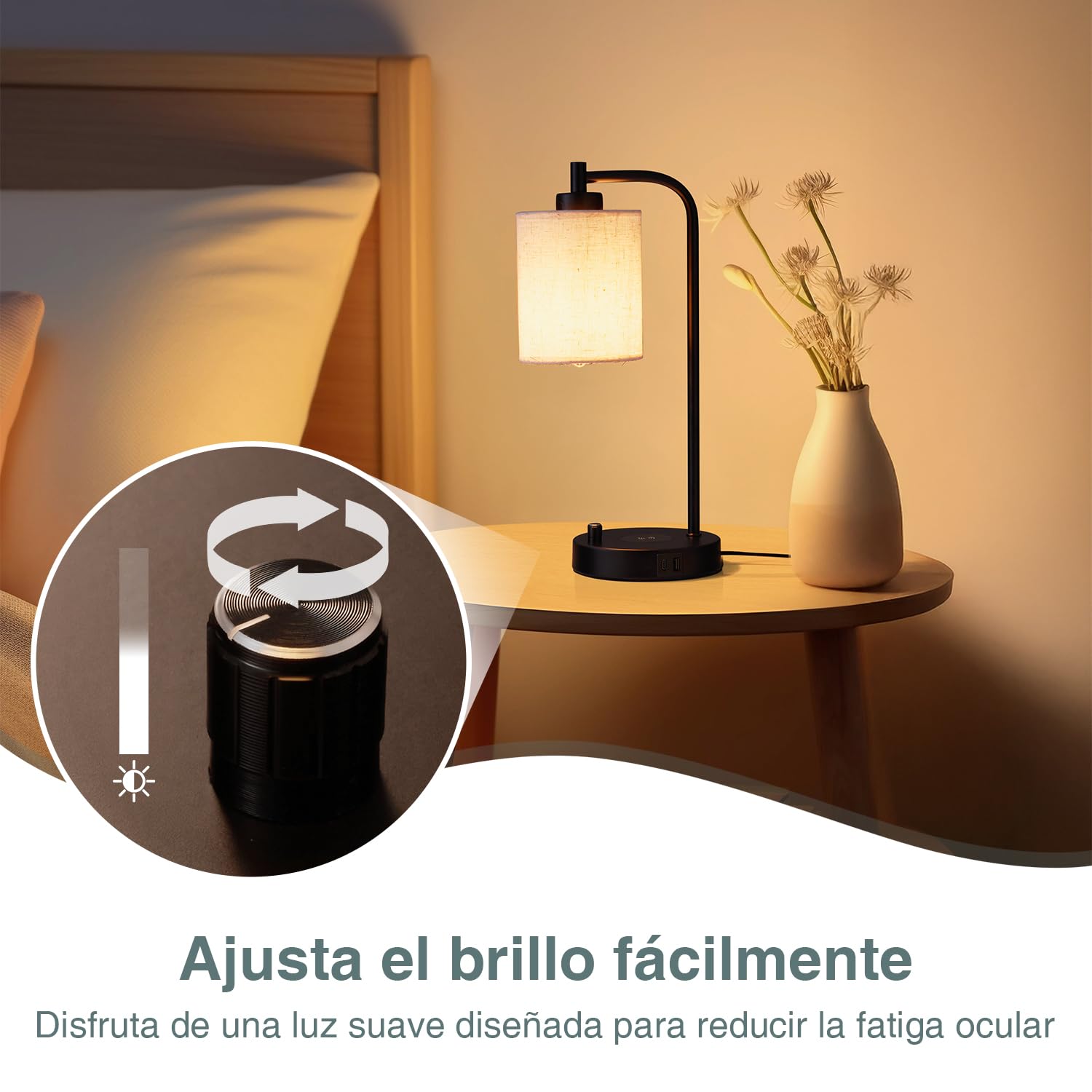 Lámpara de mesita de noche LED con cargador inalámbrico y puertos de carga USB-C+A, lamparas de escritorio, lectura, ideal para colocar sobre mesilla de noche, intensidad variable, pantalla de lino