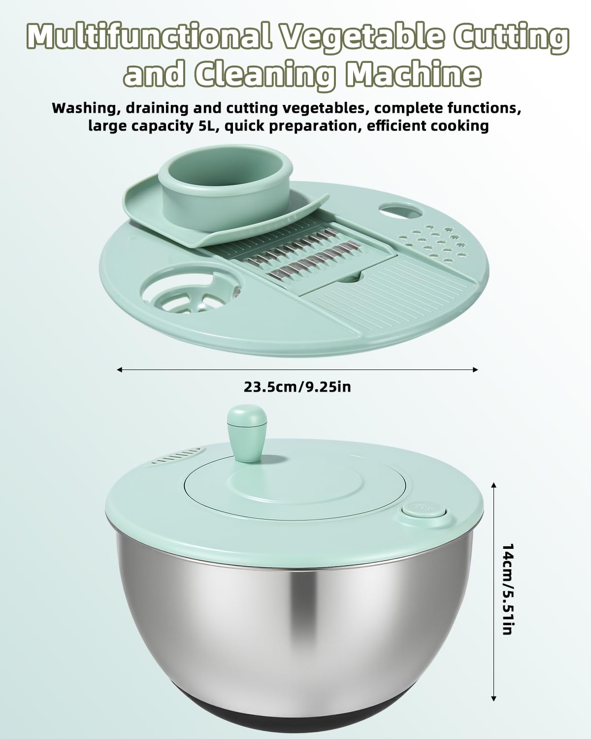 Centrifugadora de Ensalada de Inoxidable, Centrifugadora de Ensalada de 5L, Grande Centrifugador de Ensaladas, Base Antideslizante, 6 Accesorios,Apta para Lavavajillas, Escurridor Verduras