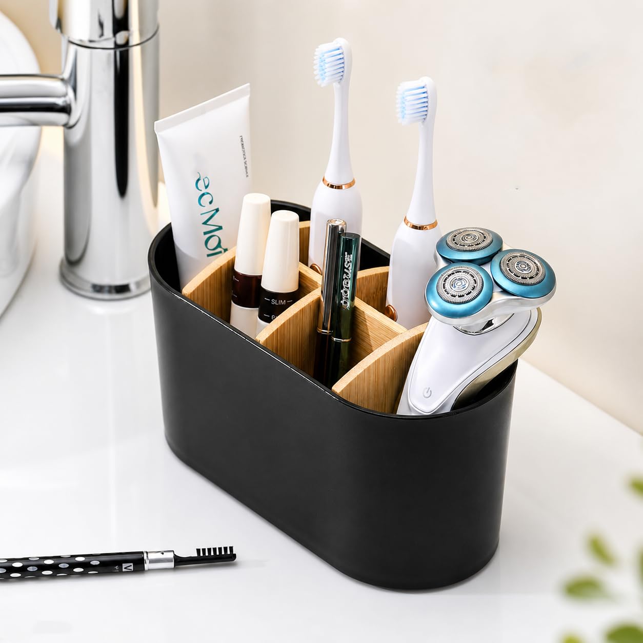 Porta Spazzolino Elettrico da Appoggio, Organizer Bagno con 6 Scomparti e Divisori in Bambù Rimovibili, Portadentifricio Multifunzione per Lavabo Cucina Soggiorno, Nero