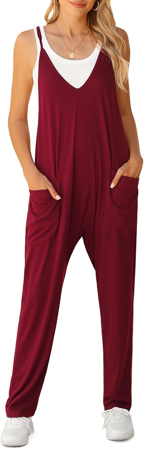 LILBETTER Women’s Loose Casual V Neck Sleeveless Jumpsuits Adjustable Spaghetti Straps Long Pants Overalls With Pockets