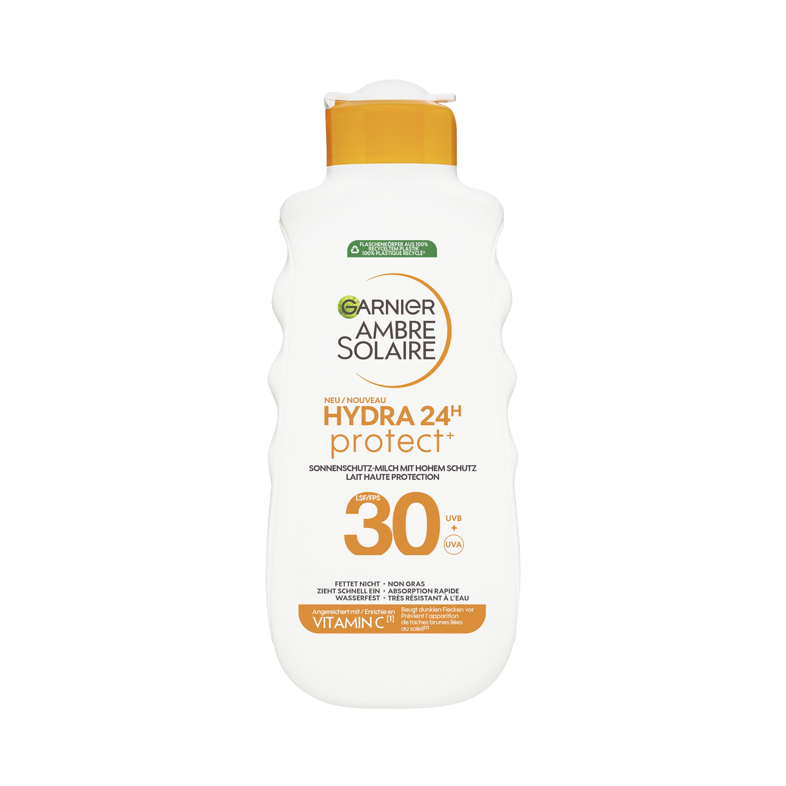 Garnier Ambre Solaire Hydra Protect+ 24h Sonnenschutz-Milch LSF 30 – Sonnencreme mit Vitamin C gegen dunkle Flecken – 24h Feuchtigkeit & wasserfester UV-Schutz – Für Gesicht & Körper - 175ml