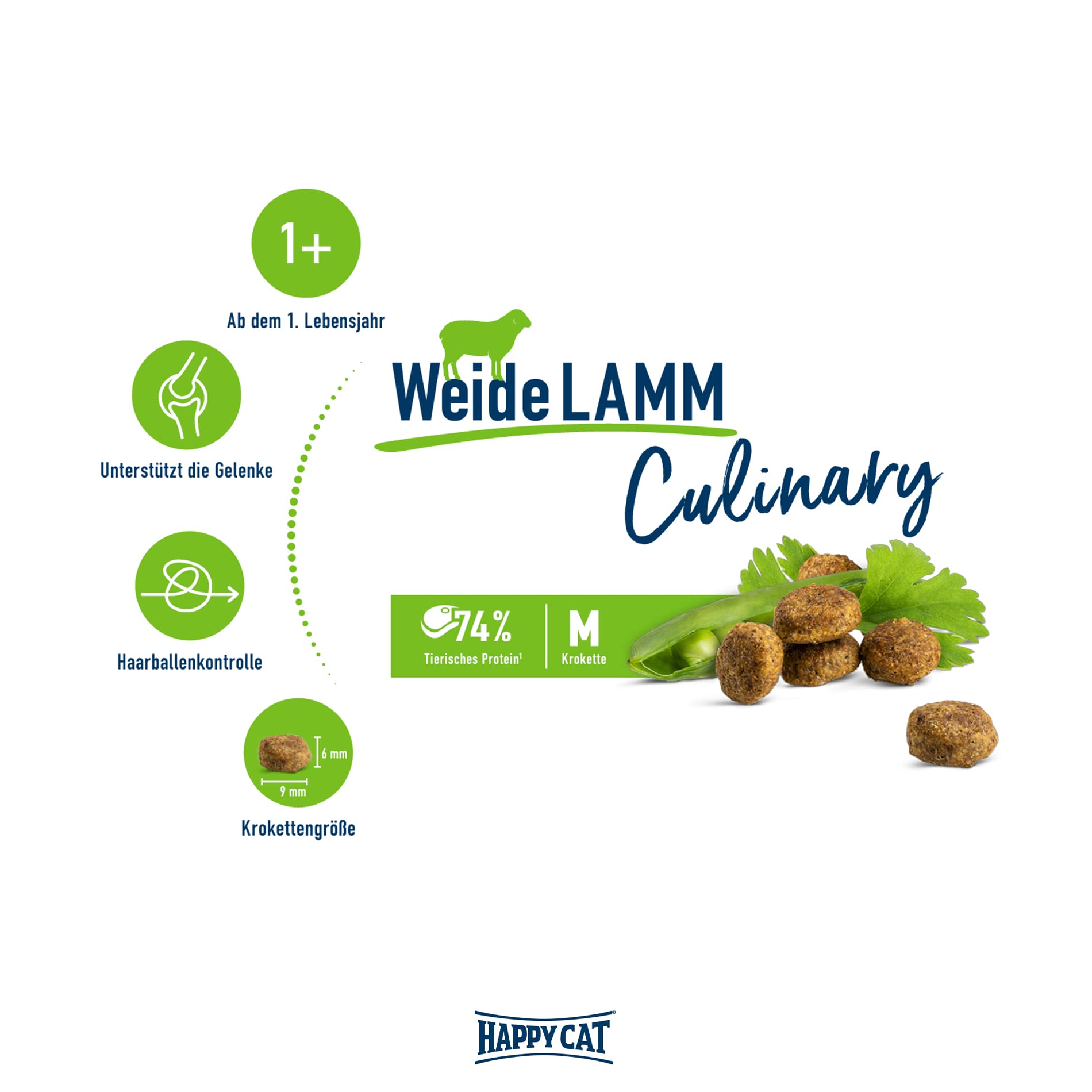Happy Cat 70550 - Culinary Adult Weide Lamm - Katzen-Trockenfutter für ausgewachsene Katzen und Kater - 10 kg Inhalt, arttypisch | Glutenfreies Katzenfutter mit Weide-Lamm, ab 12 Monaten, 74 % tierisches Protein, Krokette M, auch für sensible Katzen