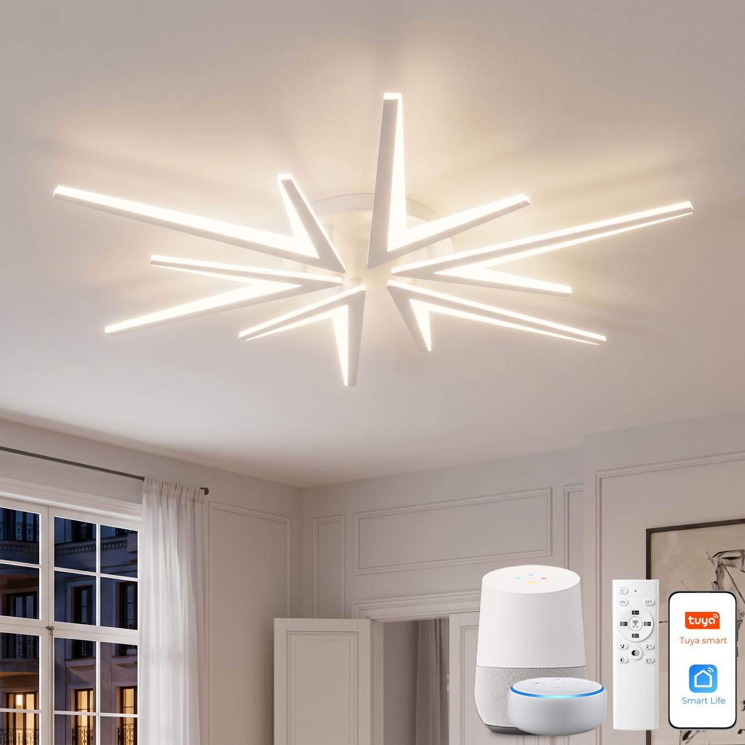 YOLEDY Smart LED Ceiling Light, 92cm Geometric Flush Mount Fitting, 55W 5000LM Dimmable (3000K-6500K), App & Alexa Compatible 2.4GHz Wi-Fi, 8.5cm Ultra-Thin Chandelier for Living Room, White