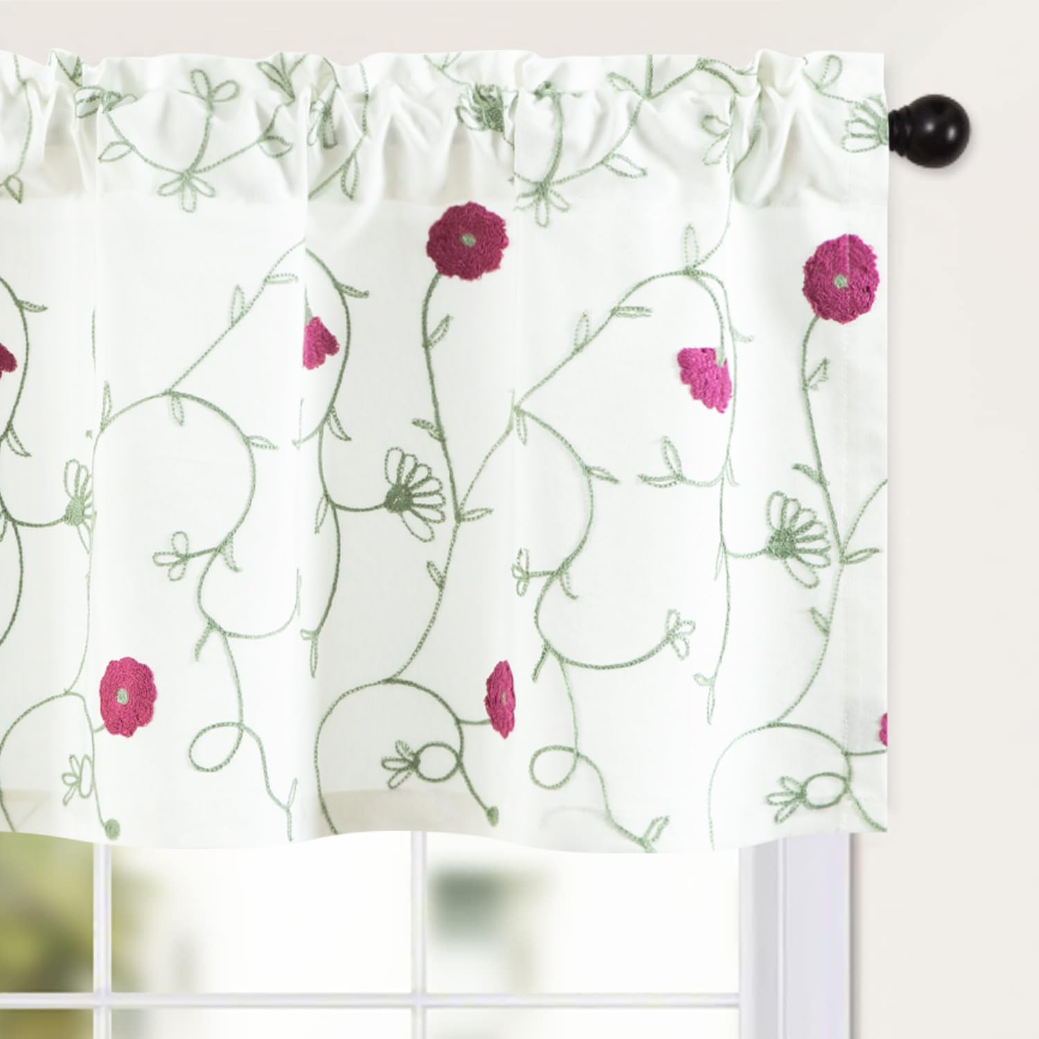 VOGOL Red Floral Embroidered Kitchen Valance, Rod Pocket, 52×12, 1 Panel
