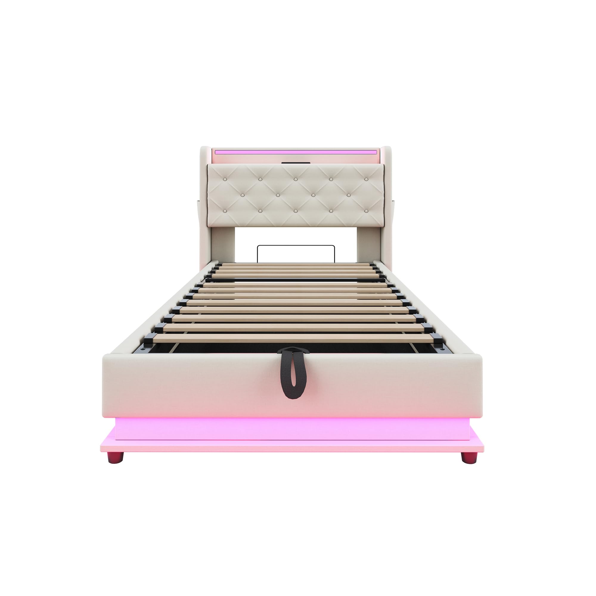 Ymkua Letto Imbottito Letto Singolo 90x200 cm, Bed contenitore con LED e USB Porta, Idraulici Bed frame per Bambini con Struttura Rete a Doghe e Testata Ribaltabile, Linen, Senza Materasso (Beige)